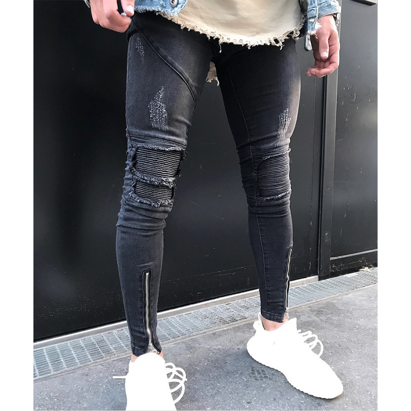 

Neverfunction Hem Zipper Ripped Knee Biker Jeans Men Motorcycle Skinny Dark Gray Stretch Moto Denim Pants Joggers Plus Size, Blue