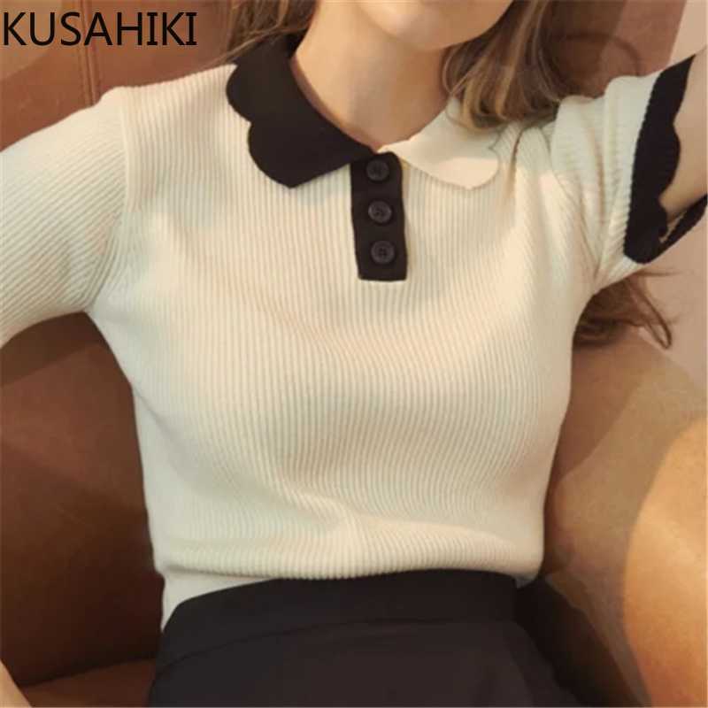 

KUSAHIKI Korean Hit Color Turn-down Collar Knitted Tops Women Summer Short Sleeve Knitwear Slim Elegant Jumpers 6H860 210602, White