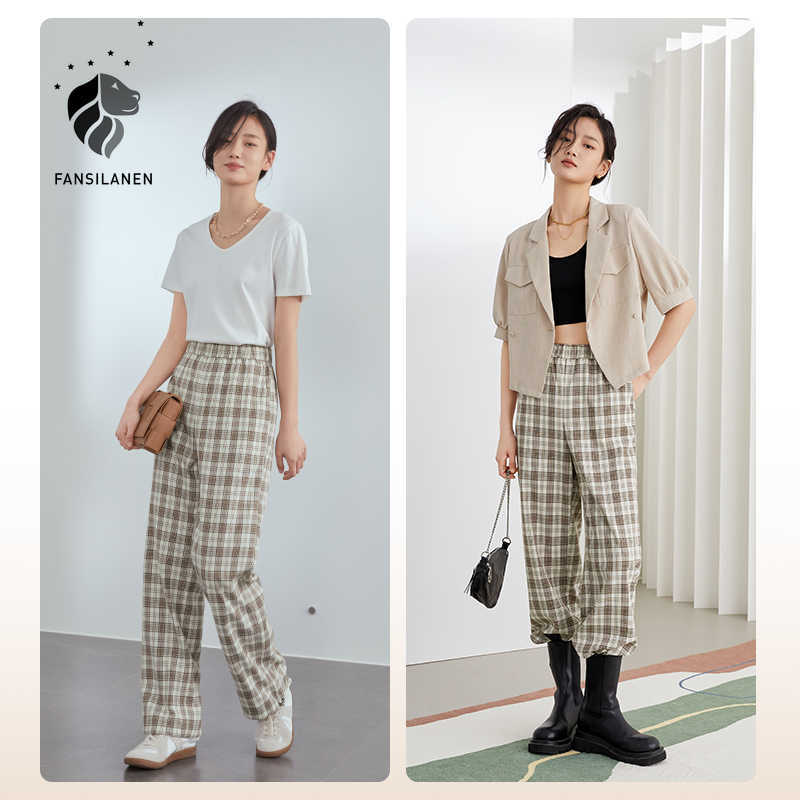 

FANSILANEN Office Lady Plaid Pants Women Summer High Waist Straight Loose Casual Drawstring Sweatpants 210607, Beige
