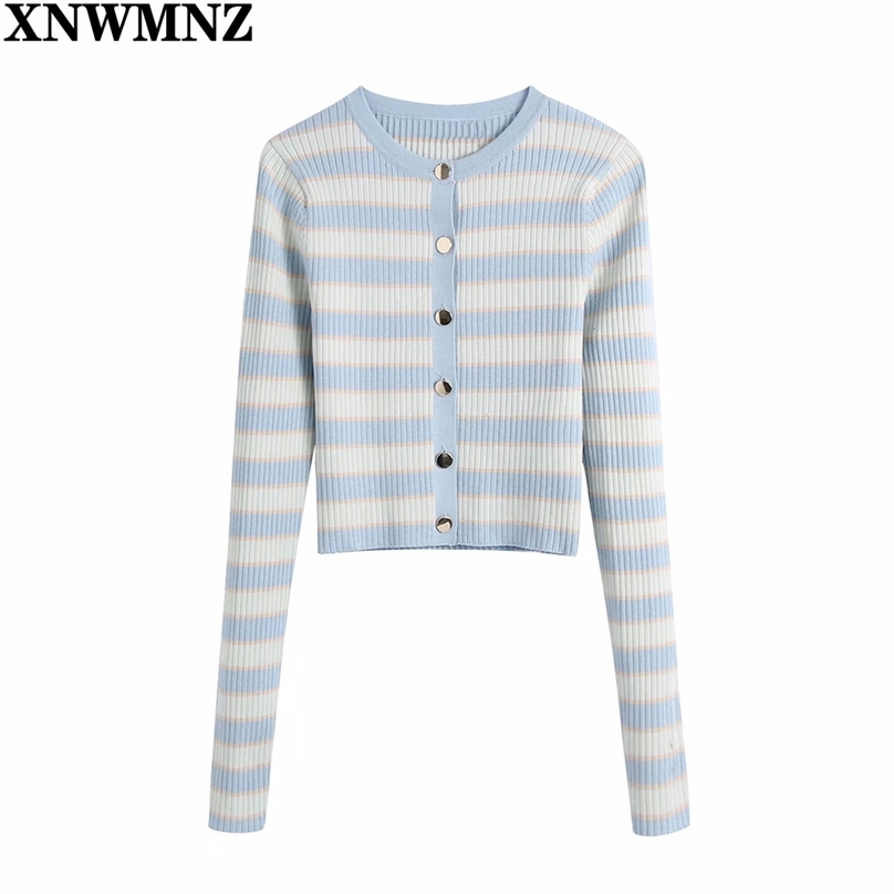 

Chic Fashion Striped Cropped Knitted Cardigan Sweater Women Vintage Long Sleeve Female Outerwear Tops 210520, Sky blue