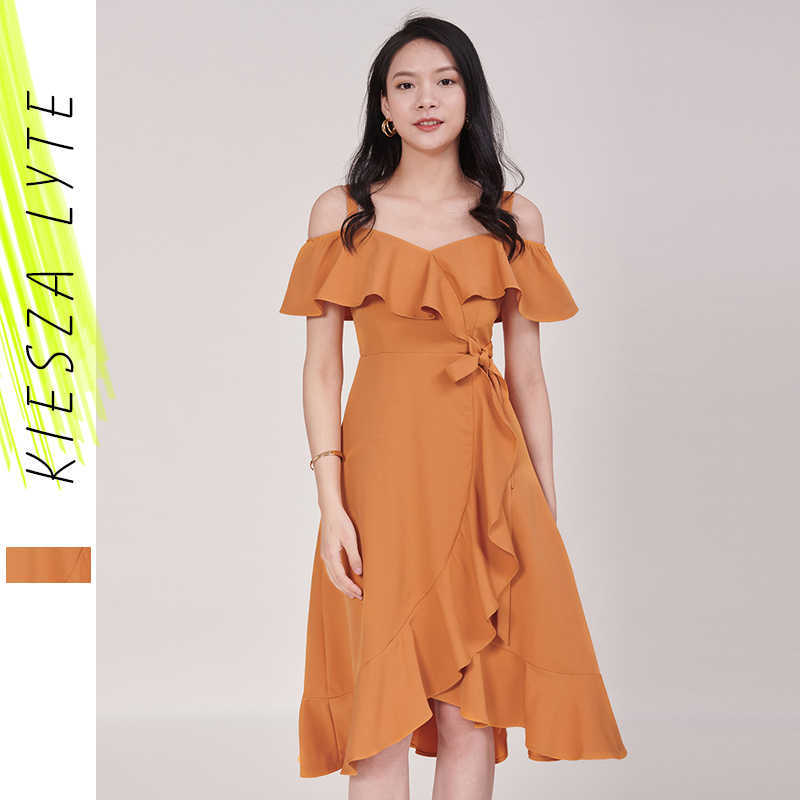 

Summer Elegant Dress Off the Shoulder Flounces Irregular Ruched Strap Lace Up A Line Dresses 210608, White