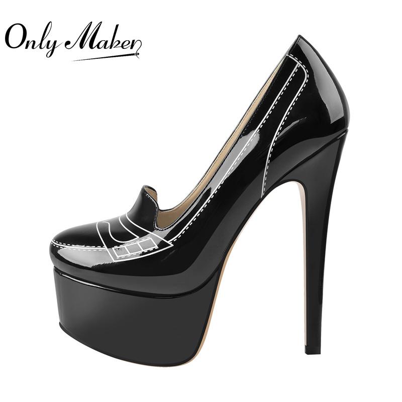 

Dress Shoes Onlymaker Slip On For Women Platform Pumps Print Thin High Heels Patent Leather Black Big Size, Cd210529a