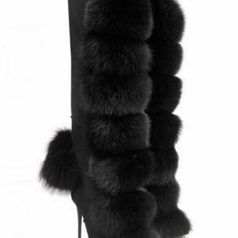 

boots high-quality mink boots knee high-end stiletto size fur ball autumn zipper snow women's m89u, Black