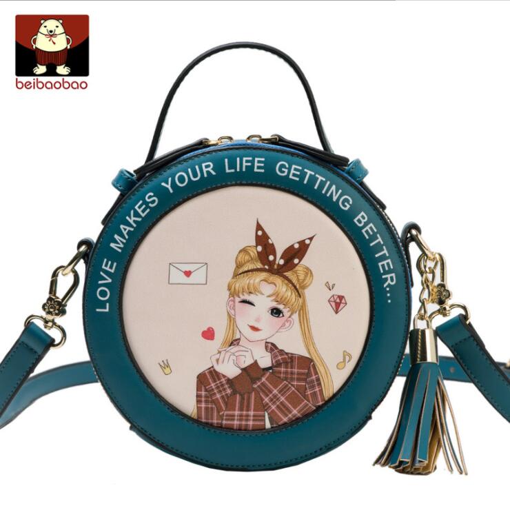 

Factory wholesale women brand shoulder bag high-quality leather handbag street trends round handbags cute girls printed tassels and crossbody bags