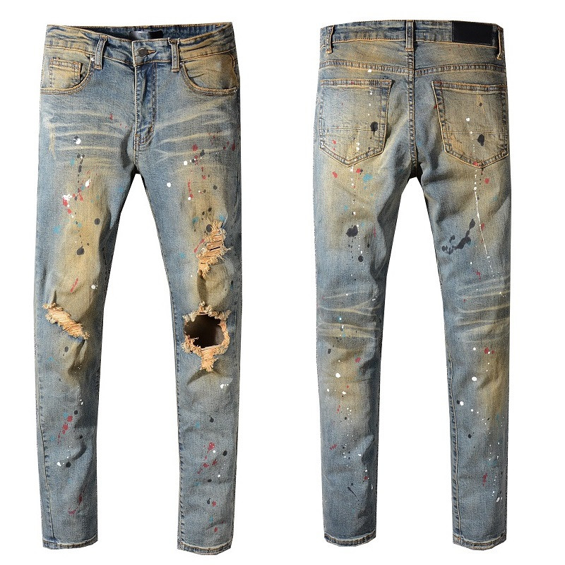 

Fashion Summer Style Casual Men Jeans Motorcycle Ripped Holes Denim Pants High Street Hip Hop Slim Fit Mens Jean, Blue