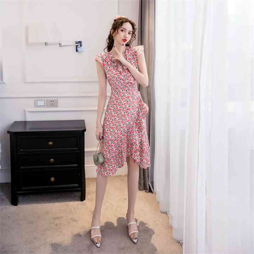 

summer style korean fashion temperament thin ruffle V collar irregularity dress office party for women dresses 210602, The picture color