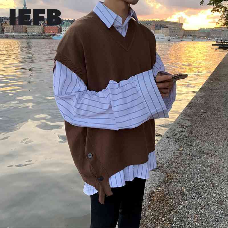 

IEFB men's clothing autumn loose sleeveless sweater vest Korean fashion V-neck side buttons v collar kintted waistcoat Y4232 210524, Camel
