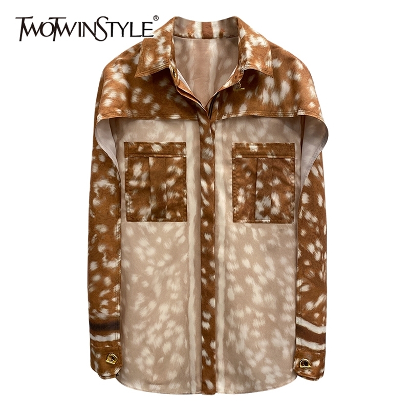 

Print Hit Color Blouse For Women Lapel Long Sleeve Patchwork Pocket Casual Shirt Female Fashion Clothing 210524, Aspicture