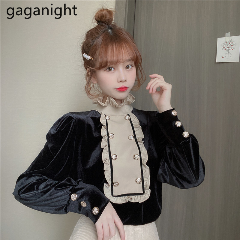

Gaganight Elegant Women Solid Shirt Chic Ruffles Long Sleeve Blouses 2021 Autumn Winter Korean Office Lady Vintage Black Blusas, Brown