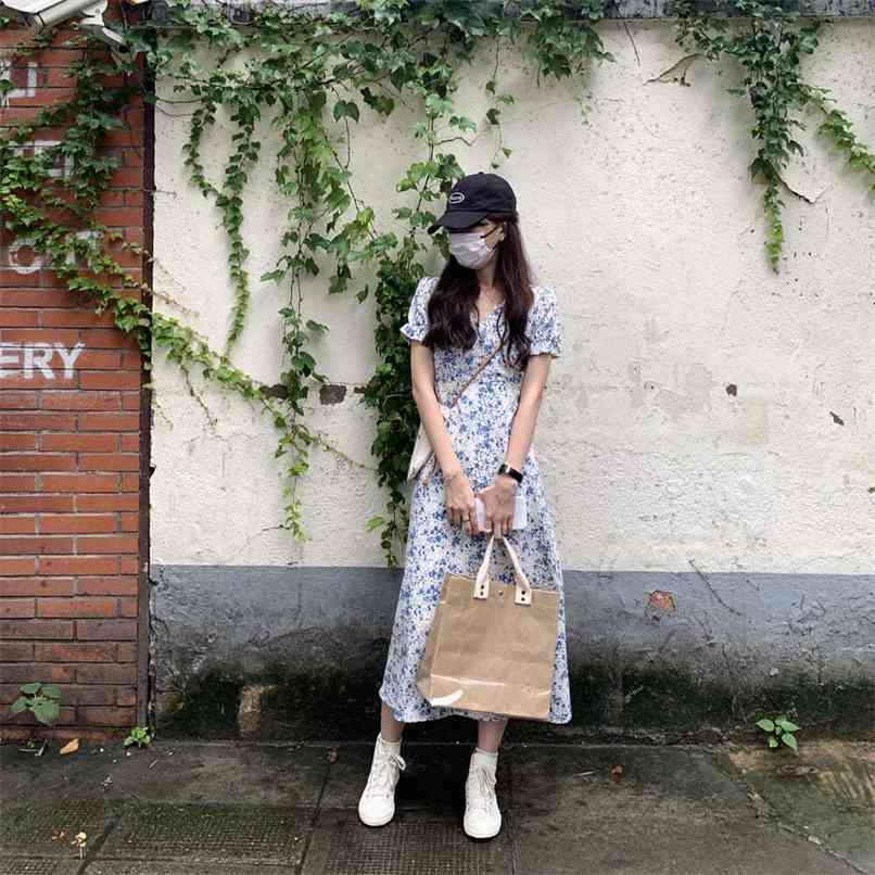 

V-neck floral elegant dress female wild loose and thin mid-length skirt summer Korean fashion women' clothing 210520, The picture color