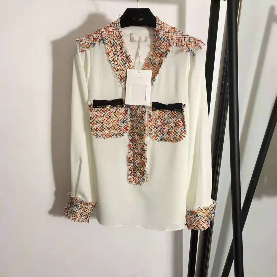 

2021 Spring Summer Brand SAme Style Shirts Fashion Womens Clothes Long Sleeve V Neck Panelled Tweed Chiffon Silk Shirts FALUOLAN, Customize