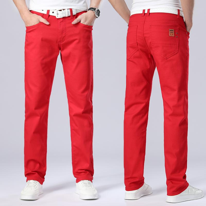 

Men's Jeans 2021 Spring Autumn Red Classic Style Straight Elasticity Cotton Denim Pants Male Brand White Trousers