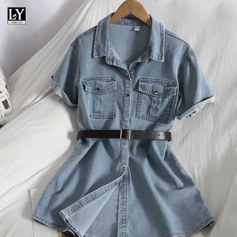 

LY VAREY LIN Summer Women Casual Single Breasted Pocket Shirt Dresses with Belt Fashion Short Sleeve Denim 210526, Blue