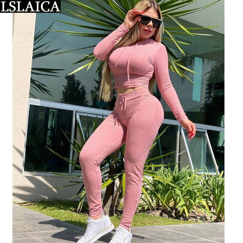 

Fashion 2 piece outfits for women long sleeve tops&long pants solid color Bronzing casual two set streetwear sets 210520, Black