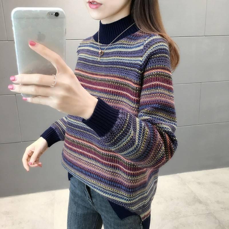 

Women's Sweaters 2022 Women Autumn Winter Retro Half High Collar Pullovers Female Loose Striped Sweater Tops Ladies Thick Warm Knitted E937, White;black