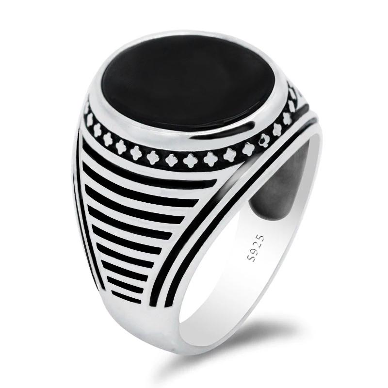 

Cluster Rings 925 Sterling Silver Pure Black Onyx Stone Ring For Men Retro With Flat Gem Aqeeq Male Women Turkish Jewelry Gift