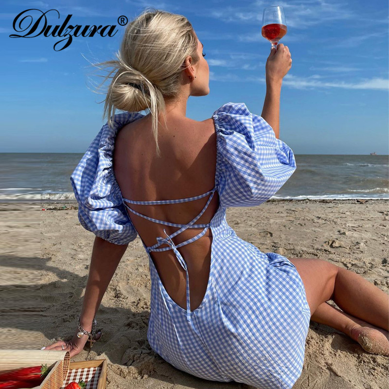 

plaid print women short puff sleeve mini dress lace up cross backless elegant party beach 2021 summer clotheshigh quality, Black;gray