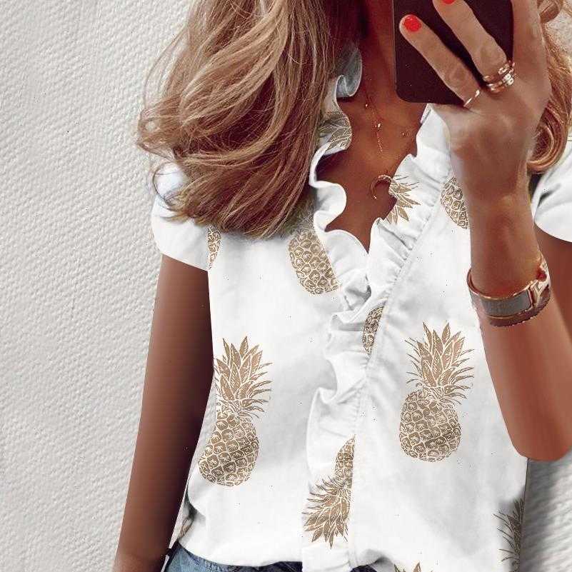 

womens blouses pineapple blouse women ruffle shirt ananas short sleeve fashion office ladies slim elegant 35, White