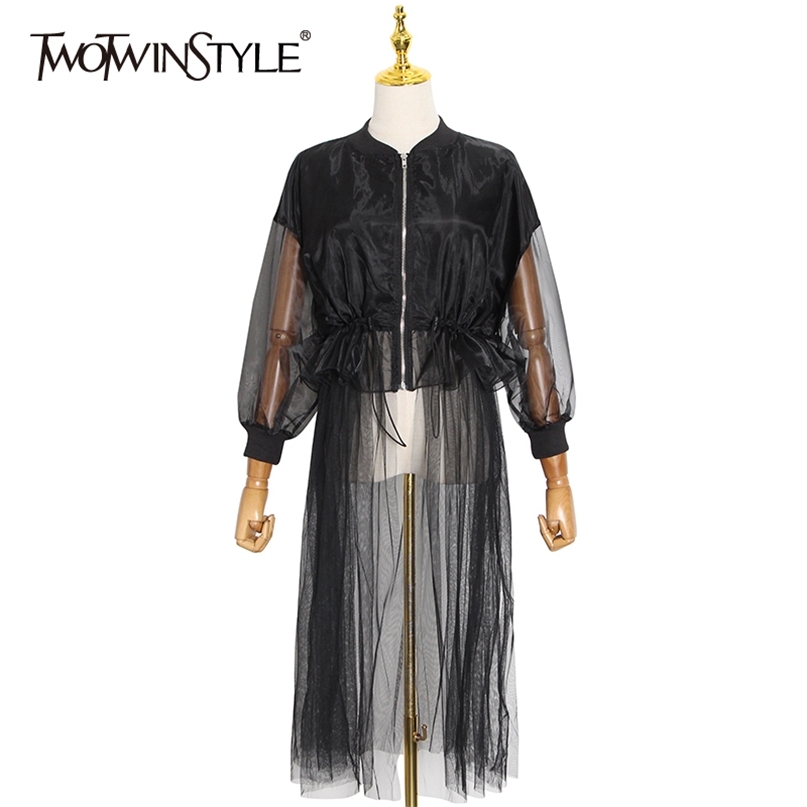 

Patchwork Mesh Casual Jacket For Women Stand Collar Long Sleeve High Waist Streetwear Jackets Female Autumn 210520, Black