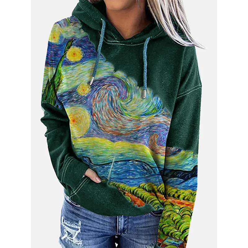 

Women's Oil Painting Printed Party Top Pullover Hooded Sweatshirt Graphic 3D Printing Round Neck High Quality Long Sleeve Casual Fall Winter, Black