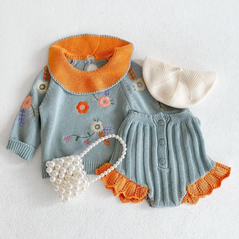 

Clothing Sets Born 2021 Spring Autumn Infant Girls Cute Flower Embroidered Knitted Top + Ruffle Pants Fashion Two-piece Set, Lake blue