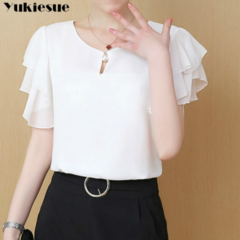 

Summer Blouse Women Chiffon Shirt Office Work Slim Tops Short Sleeve Shirts Korean Bow Neck Ruffle Yellow Red Blouses Blusas 210518
