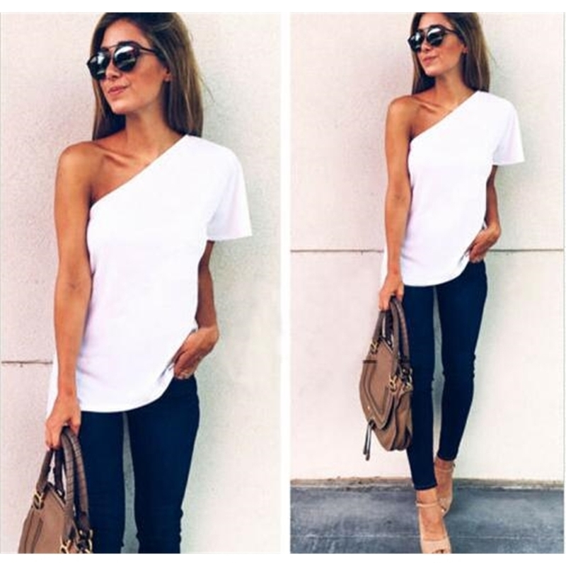 

OMSJ One Shoulder White Color S-XXL Blouse Shirt Women Tops Spring Casual Tee Short Sleeve Cool Summer Blusas 210517, As picture