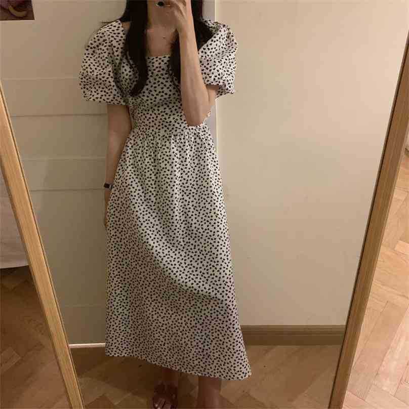 

Summer Square Collar Sexy Chic Florals Printed Slim OL Streetwear Princess Puff Sleeve Long Dress Vestidos 210525, Black