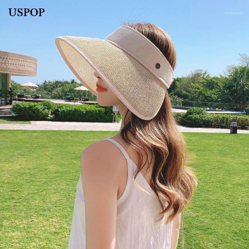 

Women Summer Straw Sun Hat Without Crown Letter Wide Brim Beach Anti-UV Sunshade Hats, Blue;gray