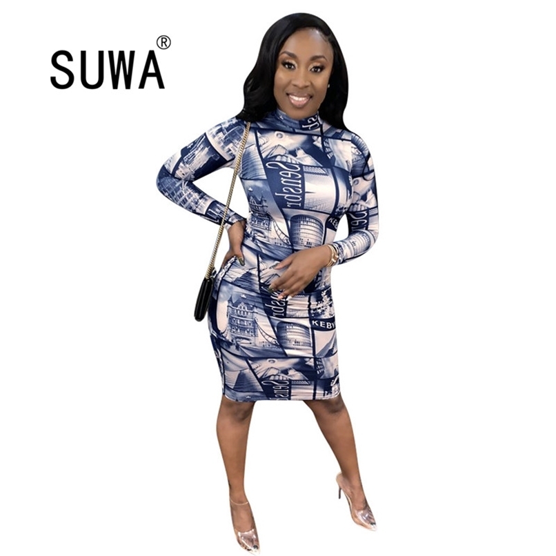 

Wholesale Women Clothing Spring Autumn Vintage Print Sexy Evening Party And Wedding Elegant Bodycon Knee Length Dress 210525, Blue