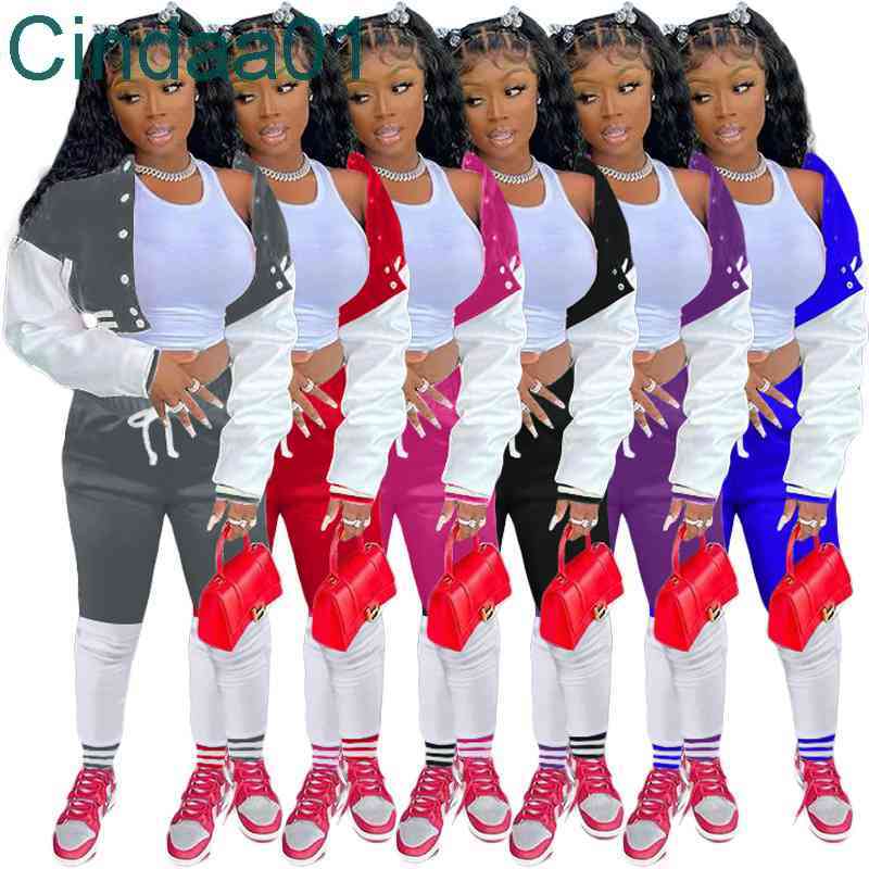 

Women Tracksuits Two Piece Set Designer Baseball Jacket Sweatpants Threaded Cuffs Button Colour Splicing Casual Sportswear 6 Colours, Purple