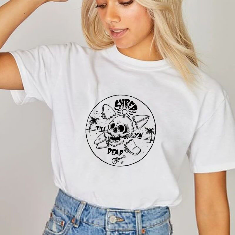 

Shred Dead Skeleton Goth Women Tee Aesthetic Beach Casual Oversized T Shirt Retro Style Short Sleeve Cotton Tops Emo Y2K Clothes 210518, White tee