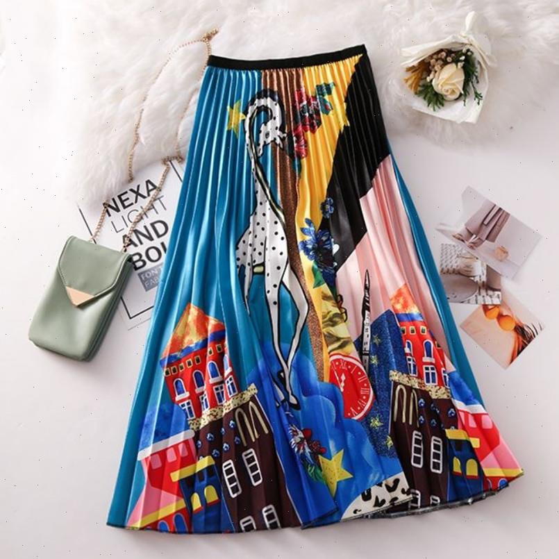 

Cartoon Print High waist Women Skirts A Line Pleated Summer Vintage Elastic Midi Saias Femme Quality, Black