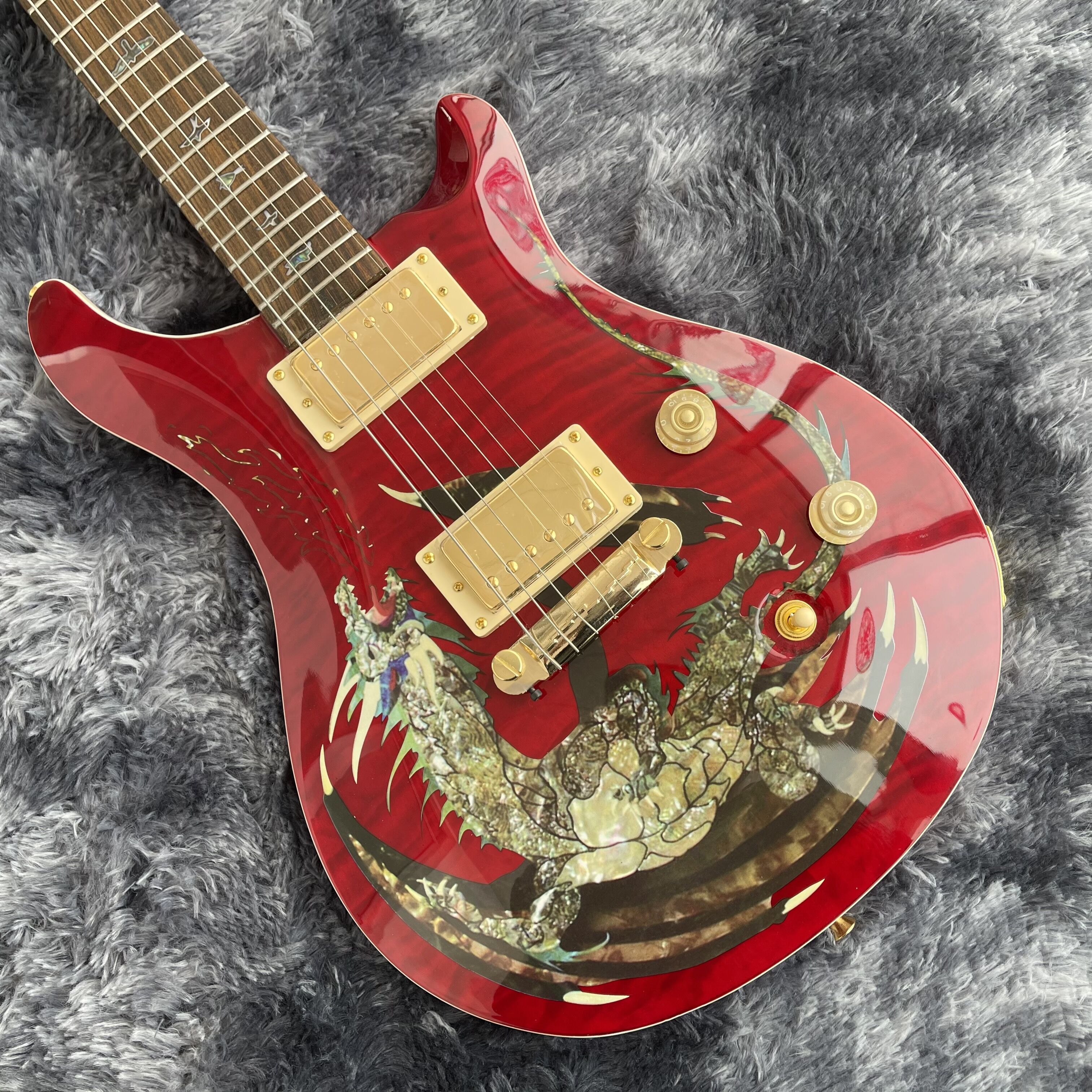 

Rare Paul Dragon 2000 #30 Crimson Red Flame Maple Top Electric Guitar Abalone Birds Inlay, Wrap Arround Tailpiece, Gold Hardware