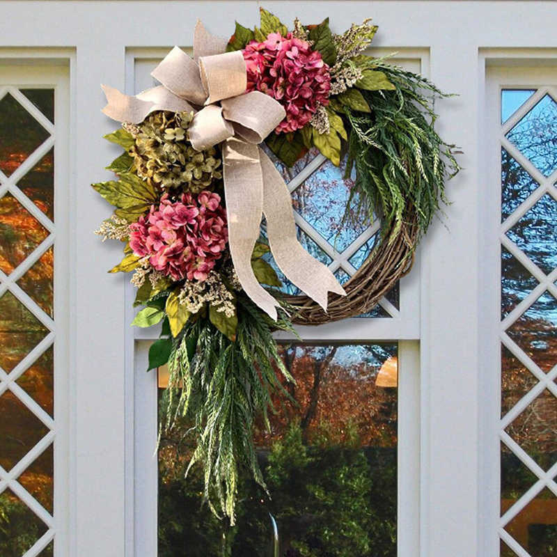 

Farmhouse Pink Hydrangea Wreath Rustic Home Decor Artificial Garland for Front Door Wall Decor Q0812