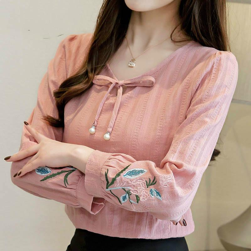 

Women' Blouses & Shirts Women White Shirt Long Sleeve 2021 Floral Embroidery Loose Tie Round Neck Printed Bow Puff Clothing Tops, Blue