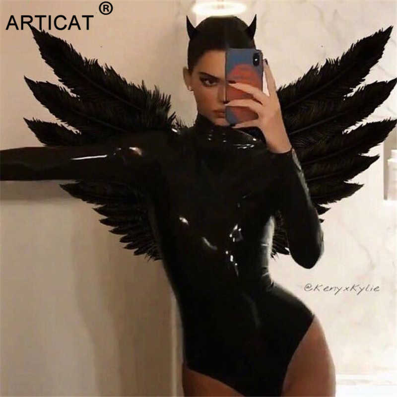 Articat Black Turtleneck Sexy PU Leather Bodysuit Women Tops Long Sleeve Skinny Rompers Womens Jumpsuit Casual Party Bodysuits 210604-image-704237132