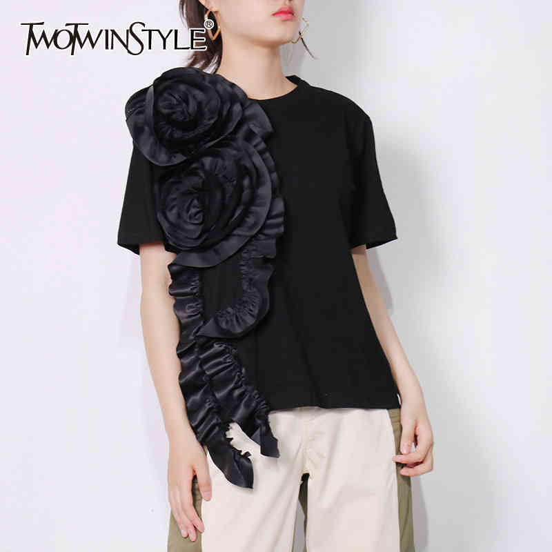 

TWOWINSYLE Black Patchwork Casual Shirt For Women O Neck Short Sleeve Solid Loose Shirts Female Summer Clothing Style 210524