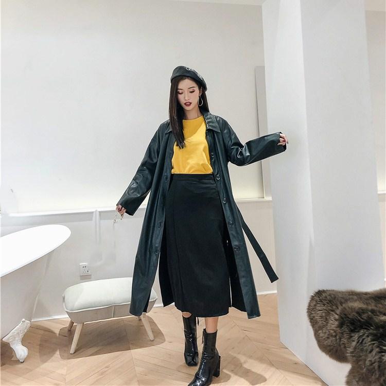 

Women's Leather & Faux Autumn Turn-Down Collar Green Coat Women Pu Retro Trench Sashes Long Sleeve Outwear, Black