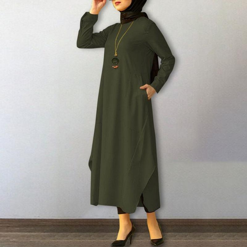 

Ethnic Clothing Turkey Muslim Women's Robes Spring 2021 Large Size Solid Color Casual Long Sleeve Dress Middle Eastern Arab Style