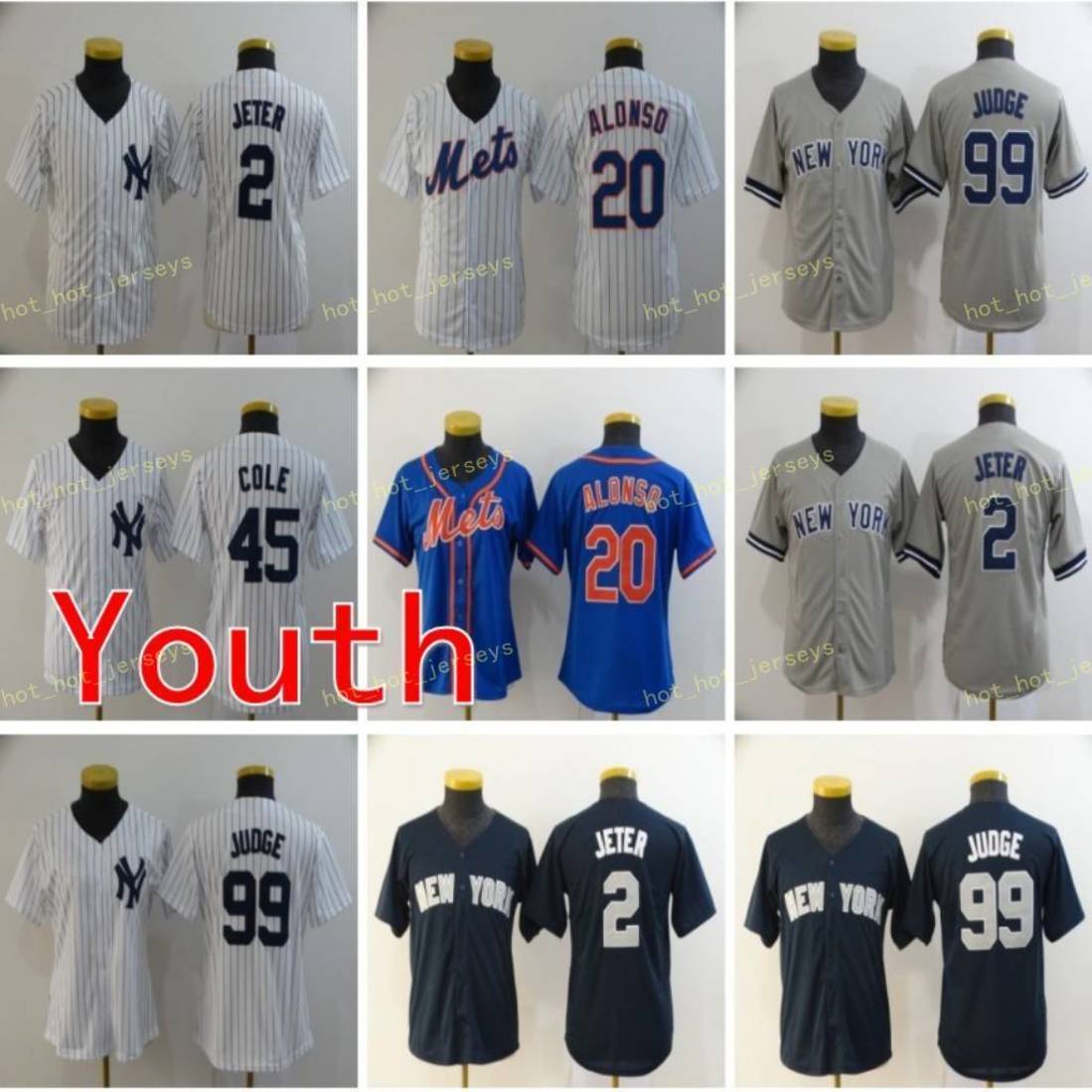 

Youth 20 Pete Alonso Baseball Jerseys 2 Jeter 45 Gerrit Cole 99 Aaron Judge Kids Shirt Blue White Grey Stitched Size S M  XL, Blue;black