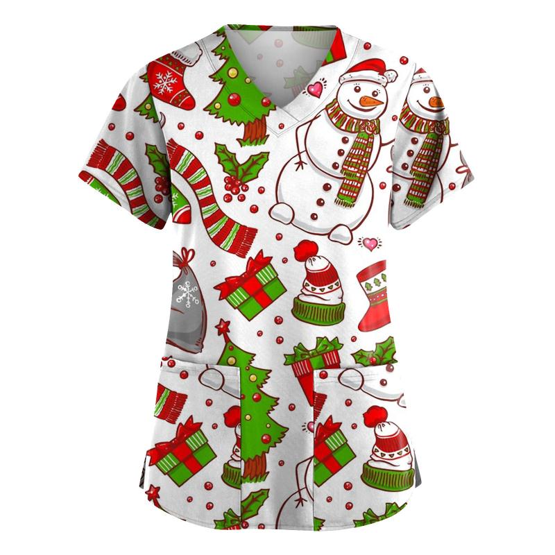 

Women's T-Shirt Women Working Uniform Merry Christmas Print Short Sleeve V-neck Pullover Loose Tops Ladies Shirt, White