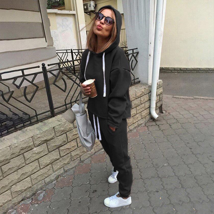 

2pcs sets fashion hooded womens pants sweatshirt solid long suits women female tracksuits clothing, White