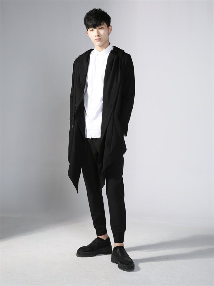 

Men' Trench Coats Spring And Autumn Fashion Logo Dark Korean Hip-hop Street Long Hooded Large Size Coat Windbreaker, Black