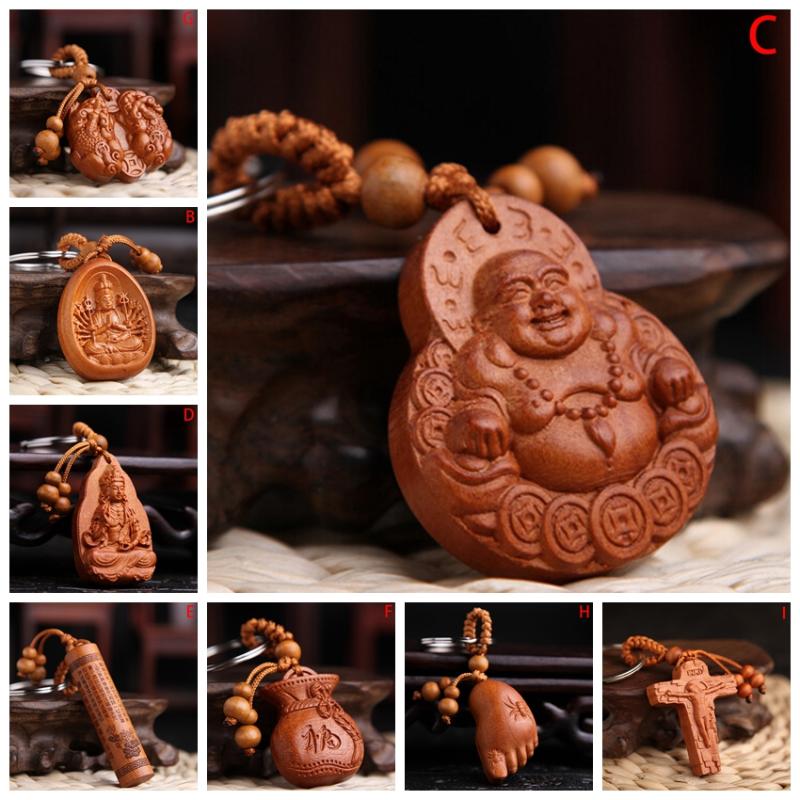 

Keychains 2021 Wood Carving Buddha Pendant Keychain Lucky Jewelry Buckle Unisex Chinese Keyring For Car Bag