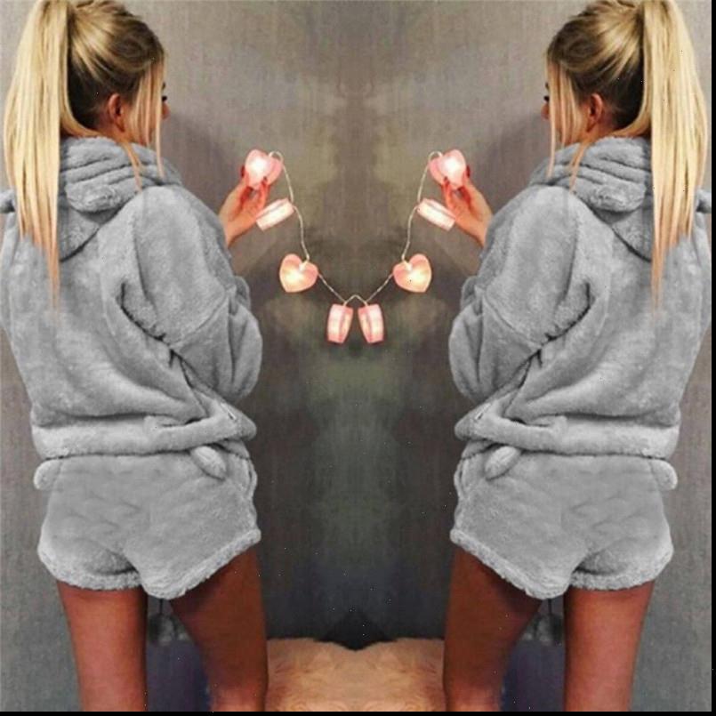 

warm winter sleepwear long sleeve womens tracksuits nightwear fur pure color pajamas outfit hooded shorts years suits, Gray