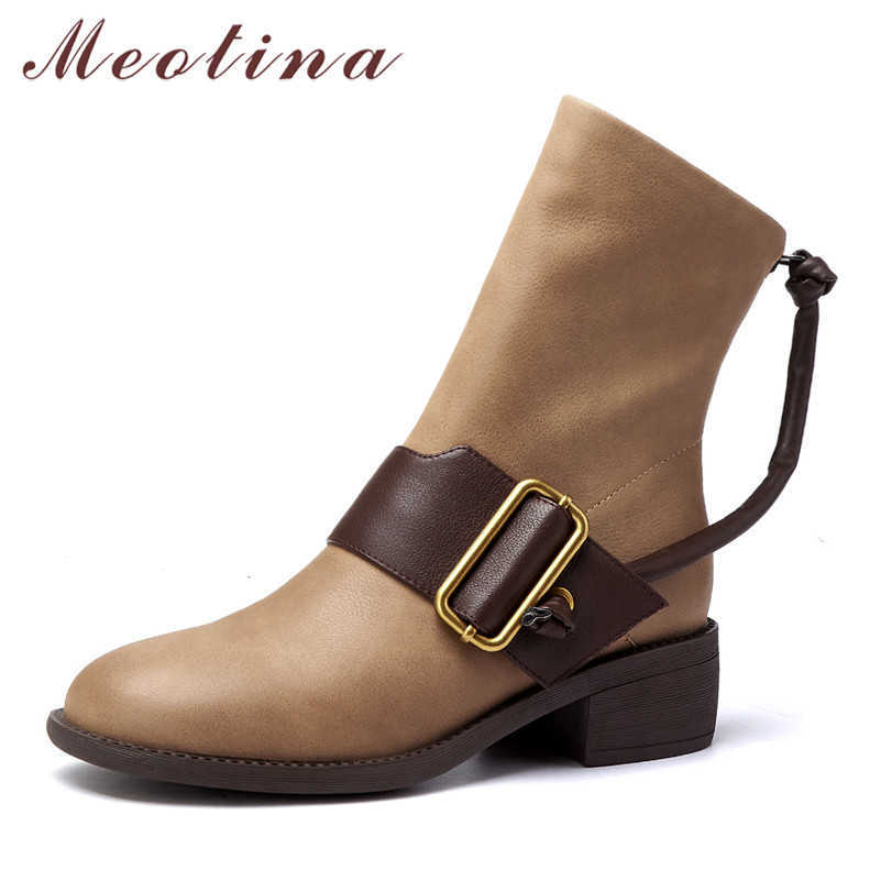 

Meotina Buckle Real Leather Mid Heel Short Boots Women Shoes Zipper Chunky Heels Fashion Ankle Boots Ladies Autumn Winter Black 210608, Black synthetic lin