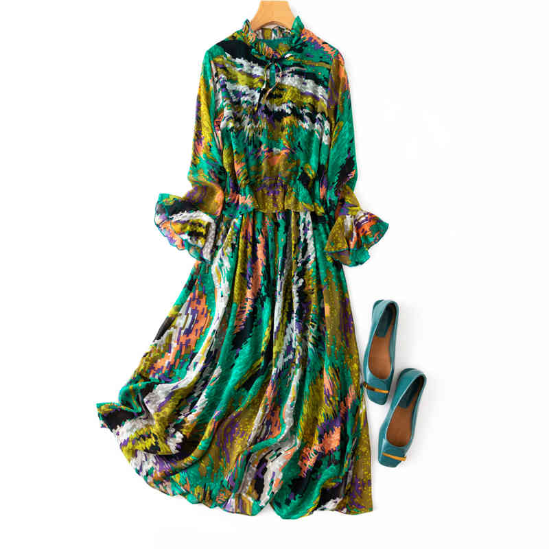 

dress Women's 100% Pure Silk 2-layers green print ruffles neck long sleeve Maxi Dress MM057, As picture