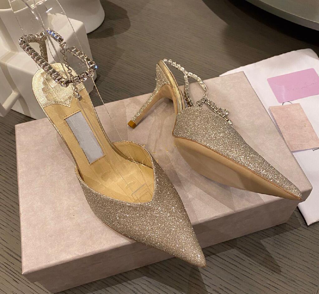 

Summer Luxurious Brands Saeda Pumps Women's Sandals Flats Crystals Strappy Walking Lady Pointed Toe Gladiator Sandalias Party Wedding