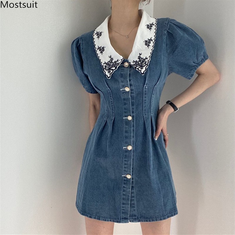 

Summer Blue Denim Embroidery Mini Dress For Women Short Puff Sleeve Buttons Up High Waist Fashion Party Dresses Korean 210518